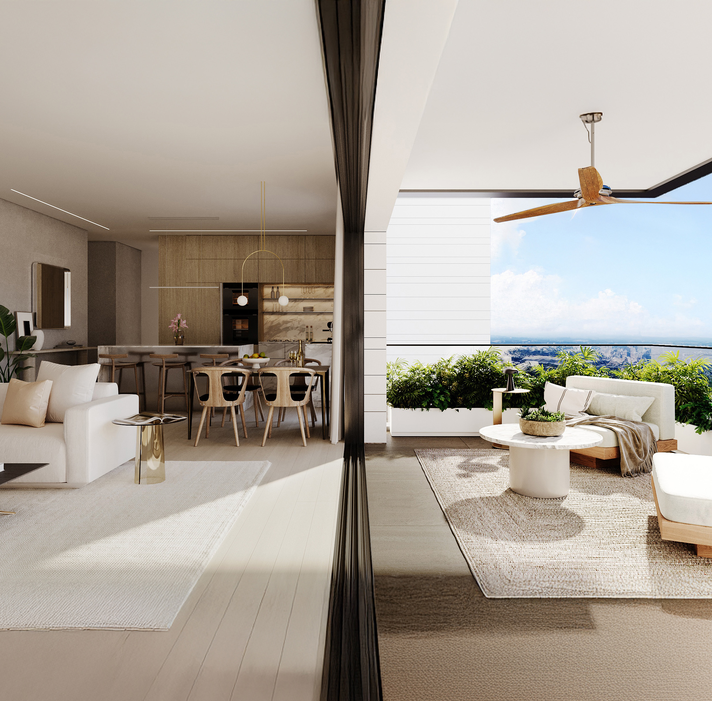 הדמיית מרפסת וסלון חמישה חדרים דגם A