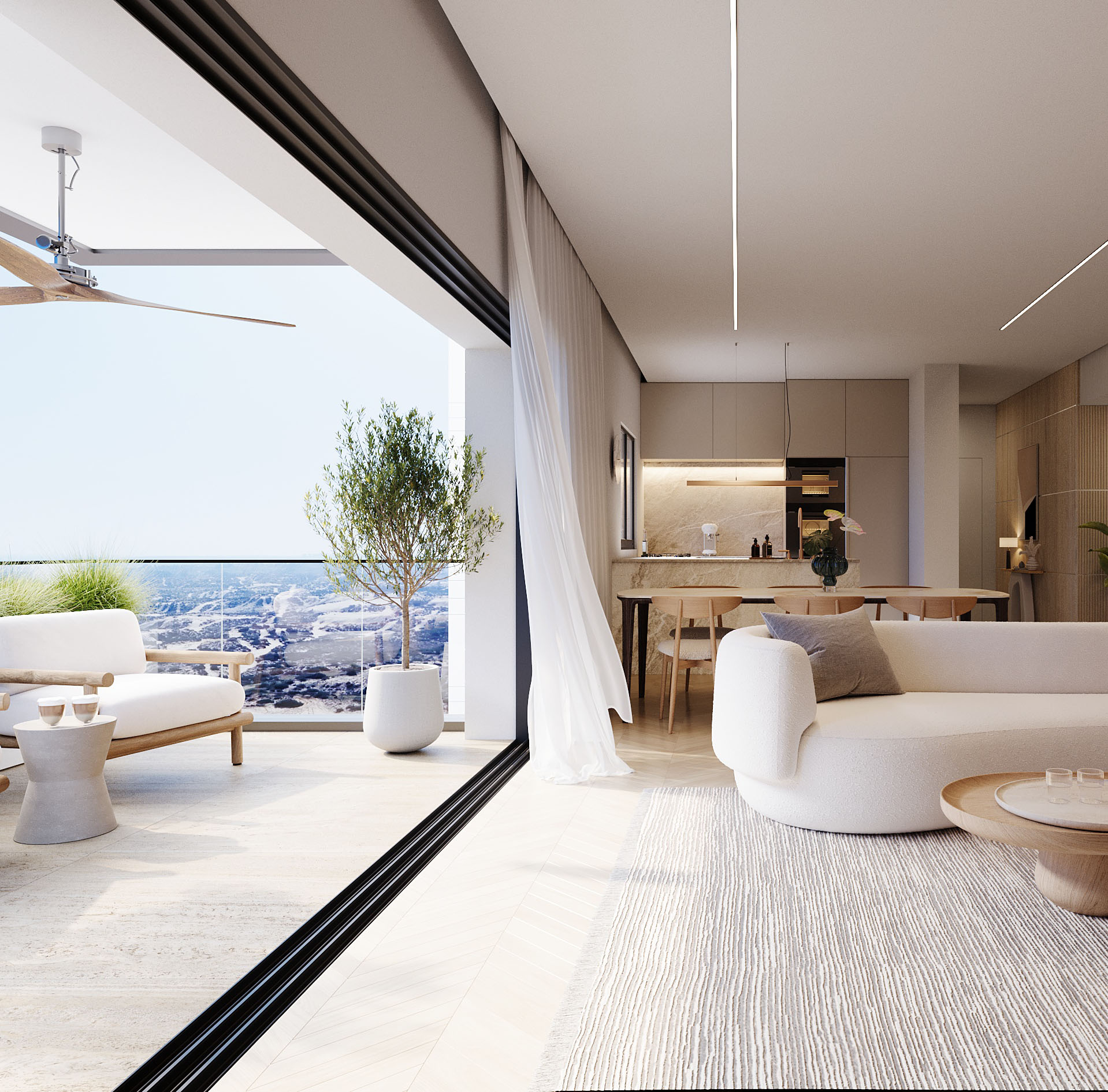 סלון מרפסת ומטבח דירת ארבעה חדרים דגם E