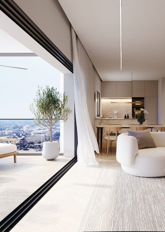 סלון מרפסת ומטבח דירת ארבעה חדרים דגם E